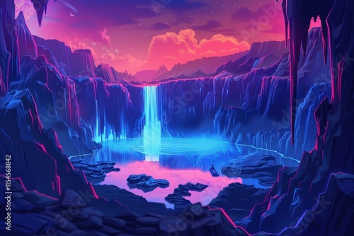 Futuristic Waterfall Landscape with Vibrant Colors and Glowing Water photo