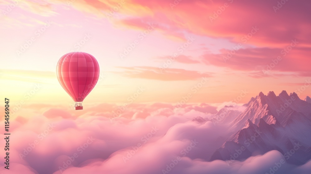 Fototapeta premium A vibrant hot air balloon floats above soft clouds at sunrise, surrounded by a breathtaking pastel-colored sky.