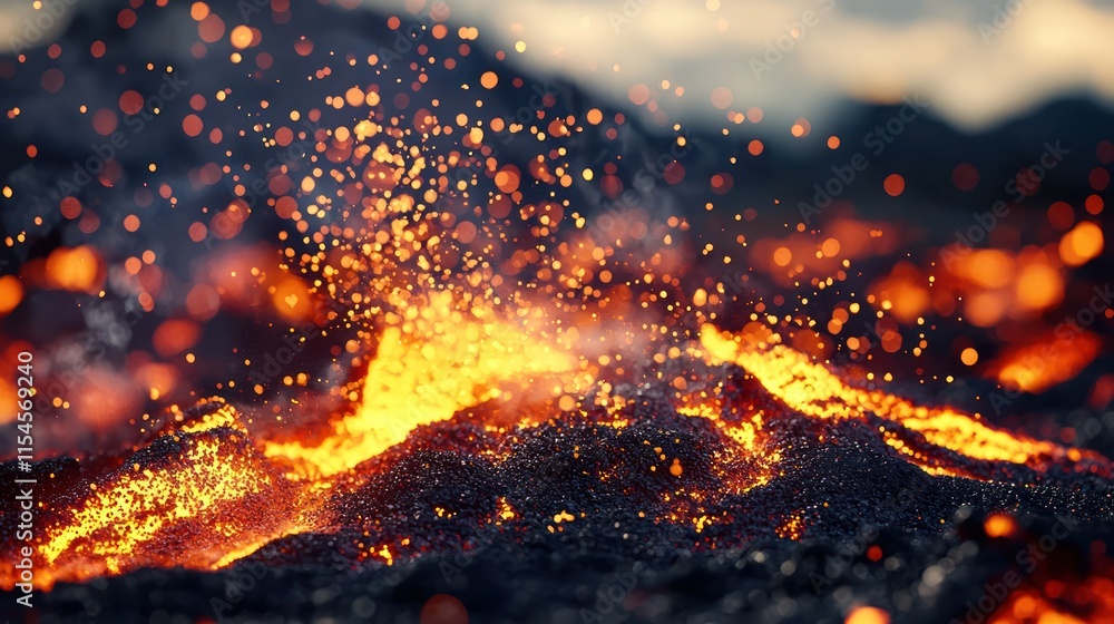 A vivid image of molten lava erupting from a volcano, with sparks and glowing embers creating a dramatic, fiery landscape. A vivid image of molten lava erupting from a volcano, with sparks and glowing embers creating a dramatic, fiery landscape.