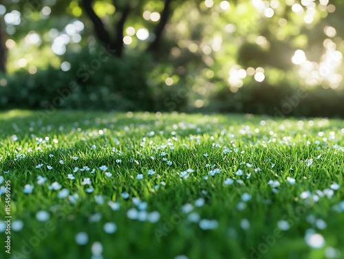 Delicate blue flowers bloom in a lush green grassy field photo