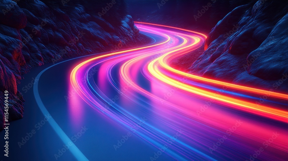 Abstract glowing road curves through dark canyon. Abstract glowing road curves through dark canyon.