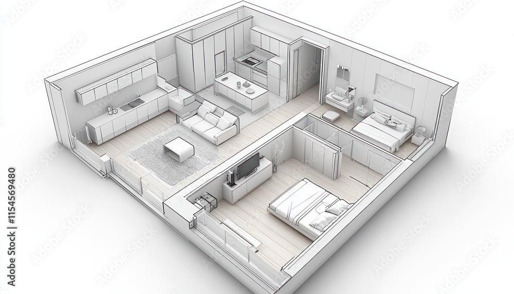 Minimalist interior design of a modern apartment in 3D, showing living spaces like the living room, bedroom, kitchen, and bathroom. Minimalist interior design of a modern apartment in 3D, showing living spaces like the living room, bedroom, kitchen, and bathroom.