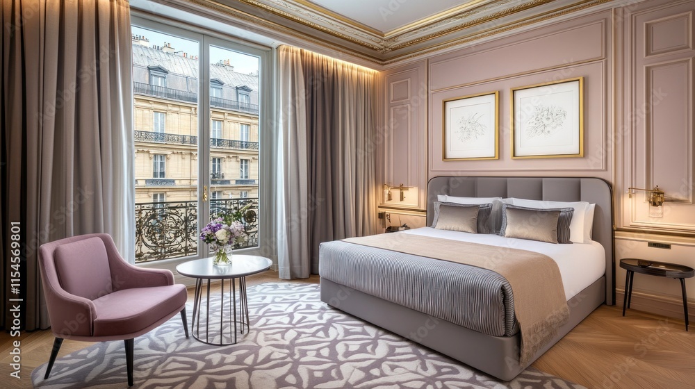 Fototapeta premium Elegant Parisian bedroom with king bed, armchair, and city view.