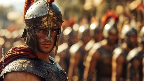 Greek hoplite from 4th century BC in a Corinthian helmet and bronze armor in a phalanx formation photo