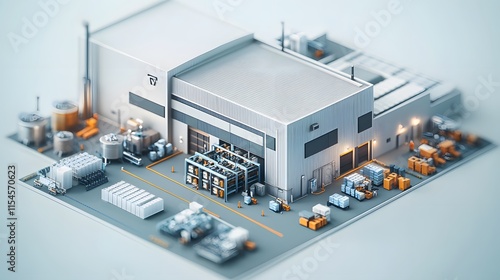 Professional 3D visualization of miniature isometric factory layout featuring detailed manufacturing facility, warehouse complex, and assembly line machinery with tilt-shift effect and modern design.