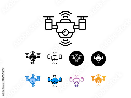 
Drone equipped with four propellers, a camera, and signal waves in the air.icon with 9 different styles,line,glyp,flat gradient etc.Perfect for technology, surveillance, and innovation concepts.	
