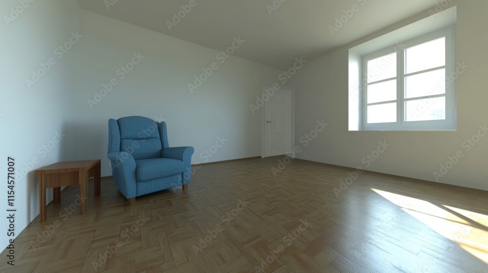 Empty room with armchair, side table, and hardwood floor. Empty room with armchair, side table, and hardwood floor.