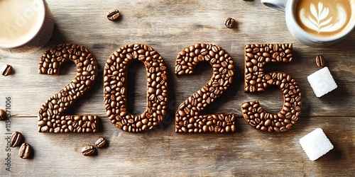 2025 New Year Typography from 3D Glossy Coffee Beans, Roasted Textured Letters, Surrounded by Steaming Coffee Cups, Milk Froth Art, and Sugar Cubes on Wooden Table photo