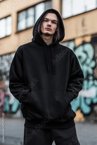 Young Man in Black Hoodie Posing Against Urban Graffiti Background