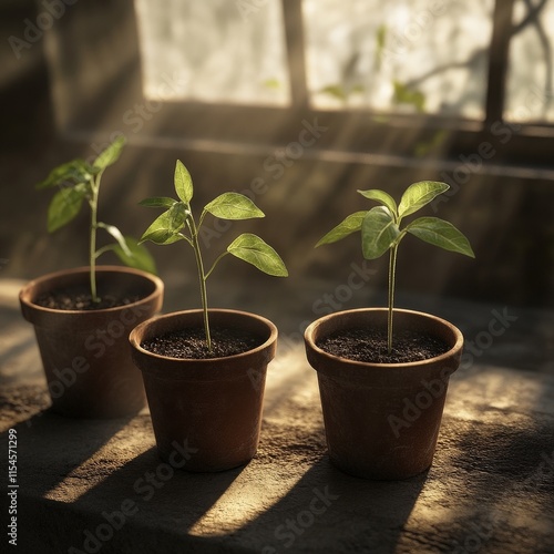 Three small plants are in three different sized pots, all of which are brown photo