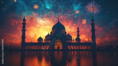 Majestic mosque silhouette at night with vibrant fireworks and starry sky reflection. photo