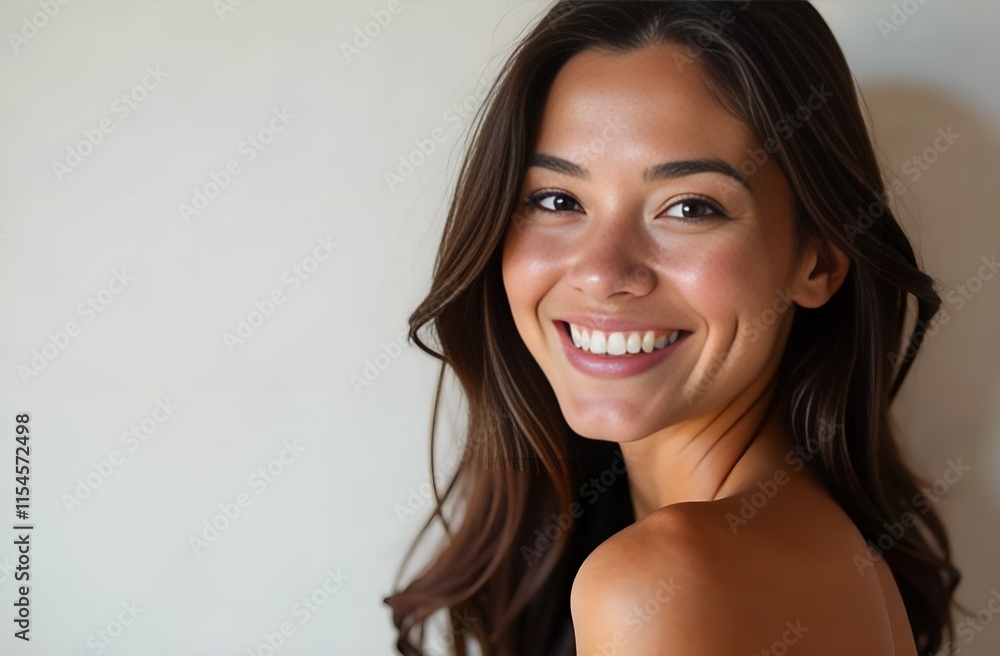 banner, the face of a beautiful Turkish woman with smooth skin, a brunette with long flowing straight hair, plain light background banner, the face of a beautiful Turkish woman with smooth skin, a brunette with long flowing straight hair, plain light background