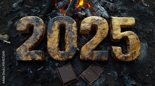 2025 New Year Typography Formed from 3D Toasted Marshmallows, Each Letter Slightly Charred with Caramelized Edges, Set Over a Campfire with Glowing Embers, Chocolate Bars, and Graham Crackers photo