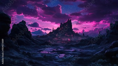 A majestic, dark castle sits atop a rocky hill under a vibrant pink and purple night sky.