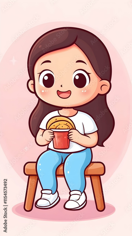 Happy girl cartoon enjoying snacks, sitting on a stool, pink background, children's book illustration. Happy girl cartoon enjoying snacks, sitting on a stool, pink background, children's book illustration.