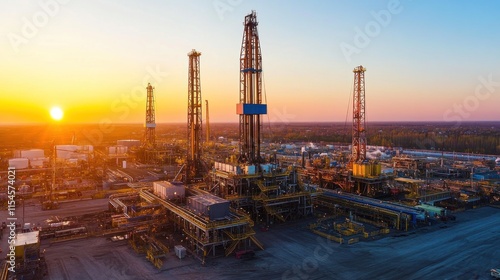 Aerial view of an expansive oil field with multiple drilling rigs operating under a clear blue sky at sunrise showcasing the early morning activities in the search for natural resources