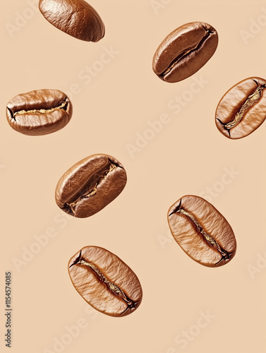 Coffee beans falling on light brown background photo