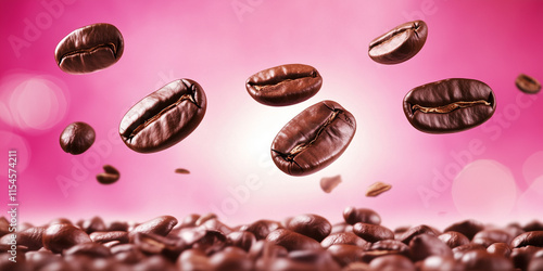 Coffee beans falling, pink background photo