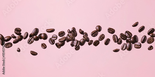 Coffee beans falling, pink background photo