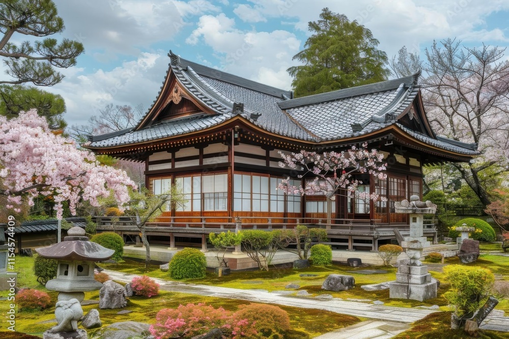 A serene Japanese garden featuring a traditional wooden house surrounded by cherry blossoms. A serene Japanese garden featuring a traditional wooden house surrounded by cherry blossoms.