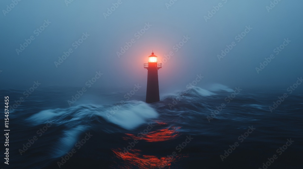 Fototapeta premium Intense Waves and Lighthouse in Stormy Ocean Light
