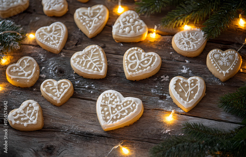 An array of heart-shaped sugar cookies decorated with intricate icing designs, arranged on an old wooden table photo