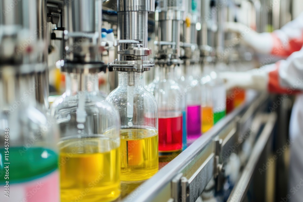 Close-up of pesticides being mixed in a processing unit with colorful labels and ingredients showcasing the application of petrochemicals in agriculture Close-up of pesticides being mixed in a processing unit with colorful labels and ingredients showcasing the application of petrochemicals in agriculture