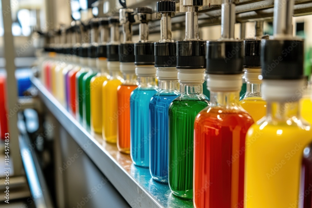 Close-up of pesticides being mixed in a processing unit with colorful labels and ingredients showcasing the application of petrochemicals in agriculture Close-up of pesticides being mixed in a processing unit with colorful labels and ingredients showcasing the application of petrochemicals in agriculture