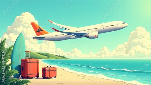 Airplane taking off with suits, surfboards, and slides.Vacation ,travel and tourist concept. 