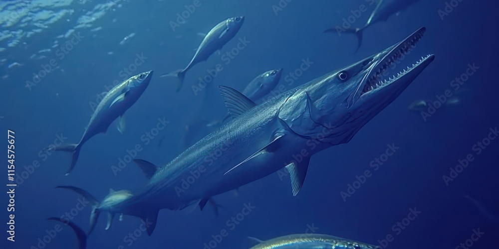 Fototapeta premium A barracuda swims among smaller fish in a vibrant underwater scene.