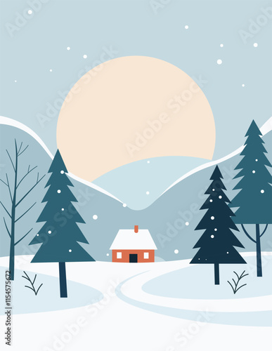 A minimalist illustration of a tranquil winter scene featuring snow-covered rolling hills, tall evergreen trees, and a cozy cabin with a snow-capped roof. The warm glow of a large sun rises in the pal