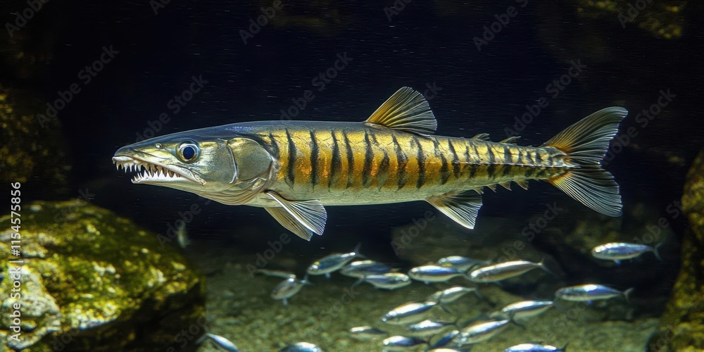 A fish with sharp teeth and distinctive stripes swimming in an aquarium. A fish with sharp teeth and distinctive stripes swimming in an aquarium.