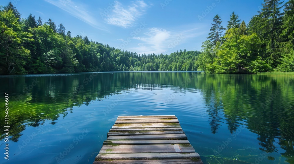 A serene lake surrounded by lush greenery and a wooden dock under a clear blue sky. A serene lake surrounded by lush greenery and a wooden dock under a clear blue sky.