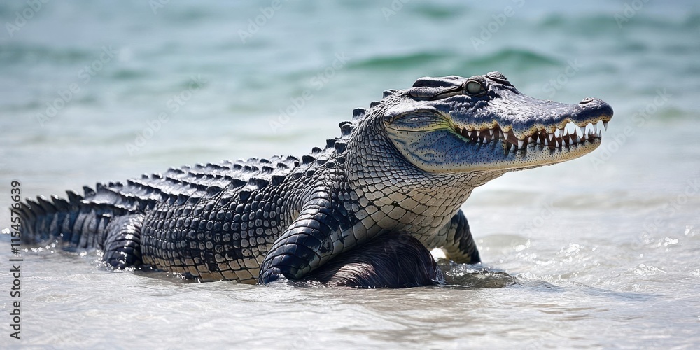 Obraz premium A crocodile partially emerges from the water, showcasing its powerful jaws and textured skin.