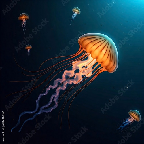  a bioluminescent jellyfish glowing with an ethereal light, jellyfish, bioluminescent, underwater, ocean, sea, marine life, wildlife, nature, aquatic, animal, ocean life, sea life, marine biology,  photo