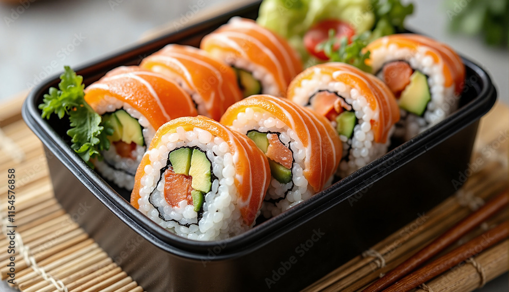 Colorful Sushi Rolls in Japanese Bento Box Neatly Arranged with Salmon and Avocado on Bamboo Mat Background Colorful Sushi Rolls in Japanese Bento Box Neatly Arranged with Salmon and Avocado on Bamboo Mat Background