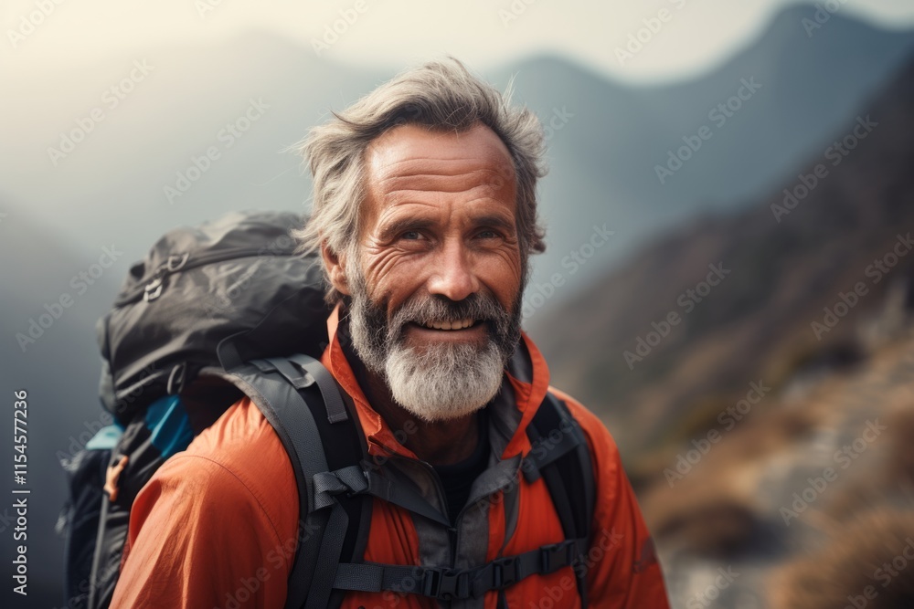 Portrait of senior man with gray beard and mustache hiking in mountains Portrait of senior man with gray beard and mustache hiking in mountains