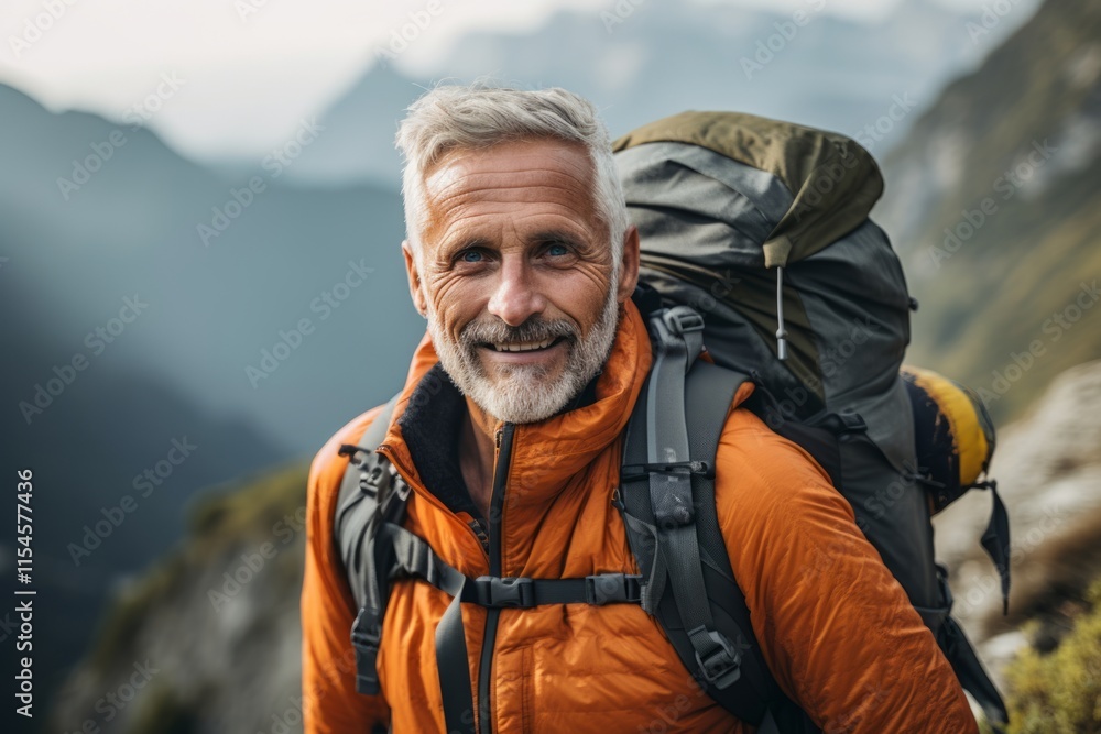 Portrait of senior man with backpack standing on top of mountain and looking at camera Portrait of senior man with backpack standing on top of mountain and looking at camera