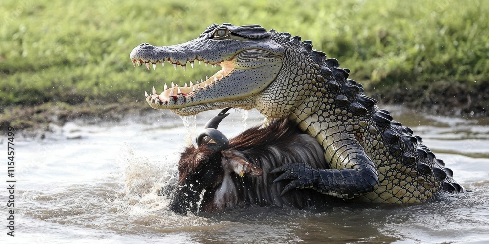 Obraz premium A crocodile attacking a large animal in water, showcasing nature's predatory behaviors.