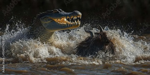 A crocodile attacking a wild boar in a river, creating splashes and dramatic action.