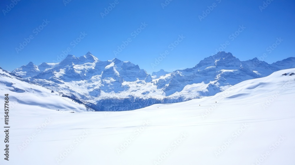 Majestic Snow-Capped Mountains Under Clear Blue Sky in Winter Season Majestic Snow-Capped Mountains Under Clear Blue Sky in Winter Season