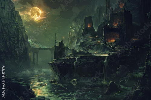 Mysterious moonlit ruins of a forgotten fantasy world with a river flowing through photo