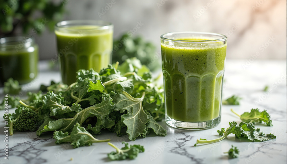Green Juice with Kale Leaves on Marble Surface Close-Up Green Juice with Kale Leaves on Marble Surface Close-Up