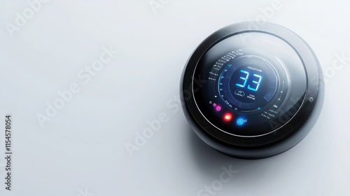 A sleek digital thermostat displaying a temperature of 33 degrees Celsius, featuring an elegant design and illuminated interface.