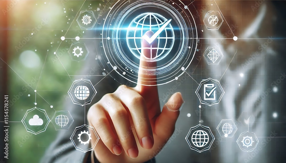 Close-Up of a Hand Tapping on a Holographic Checklist, Glowing White Icons, Modern Technology Design, Soft Natural Background Close-Up of a Hand Tapping on a Holographic Checklist, Glowing White Icons, Modern Technology Design, Soft Natural Background