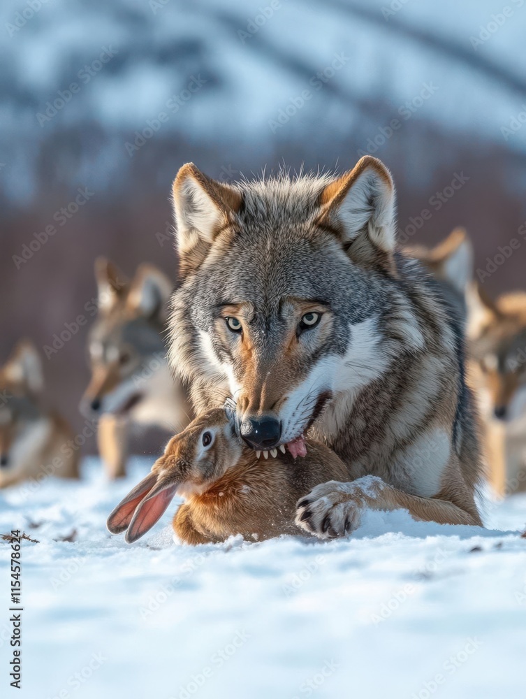 Fototapeta premium A wolf captures a rabbit in a snowy landscape, surrounded by other wolves in the background.