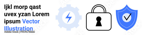 Gear with lightning bolt, padlock, and blue shield with checkmark representing security and protection. Ideal for cybersecurity, data protection, safety protocols, online security, system