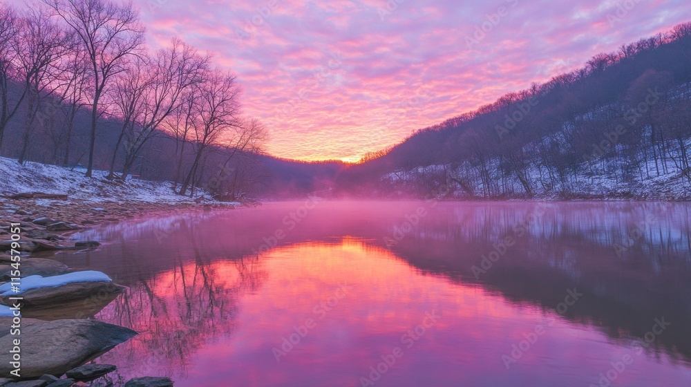 Fototapeta premium Serene Sunrise Over Tranquil River and Misty Landscape in Winter