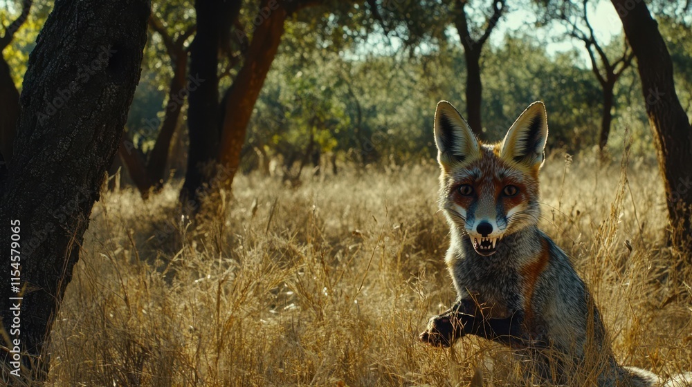 Fototapeta premium A fox stands in a sunlit field surrounded by trees and tall grass.