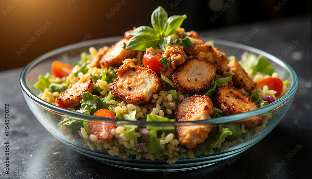 Grilled Chicken Quinoa Salad in Glass Bowl with Fresh Greens and Tomatoes on Black Surface, Warm Light Grilled Chicken Quinoa Salad in Glass Bowl with Fresh Greens and Tomatoes on Black Surface, Warm Light